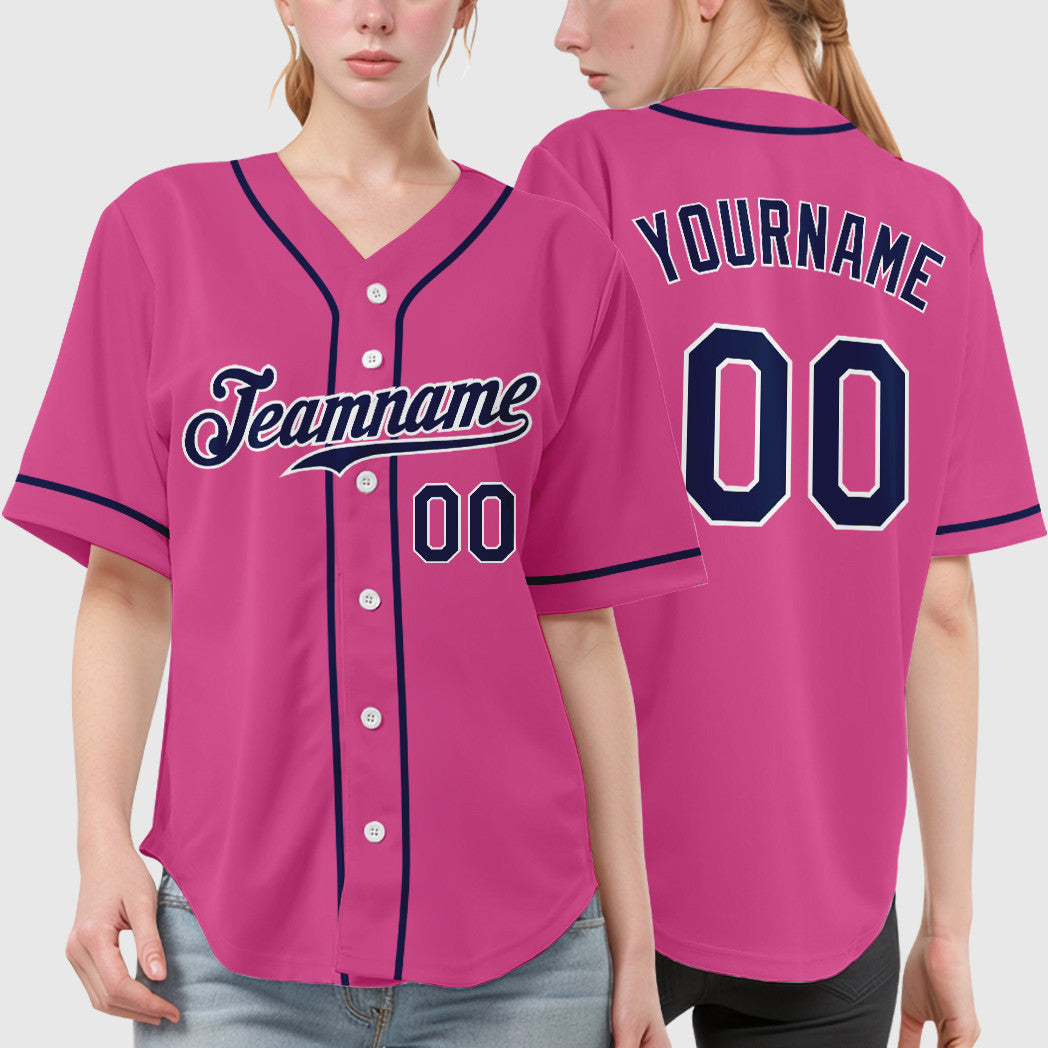 Custom Pink White Navy Sleeve Baseball Jersey