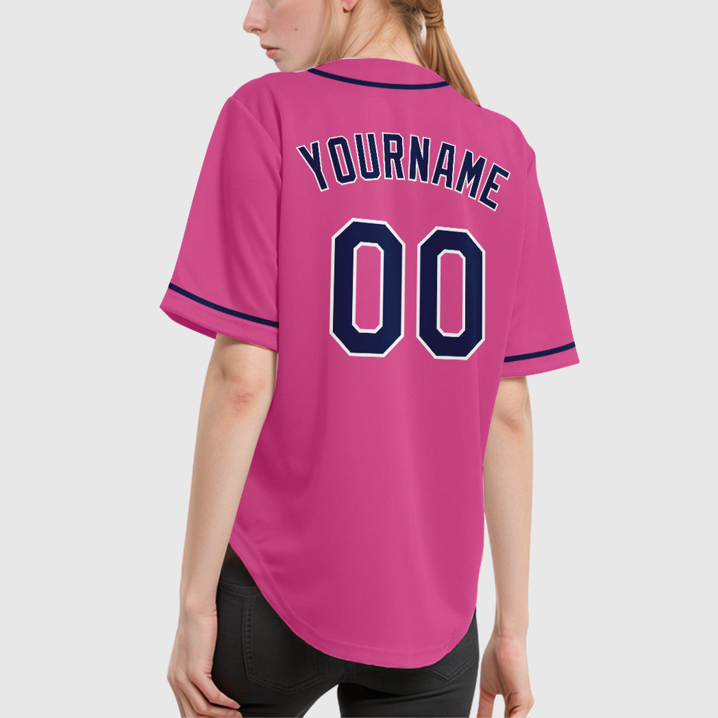 Custom Pink White Navy Sleeve Baseball Jersey