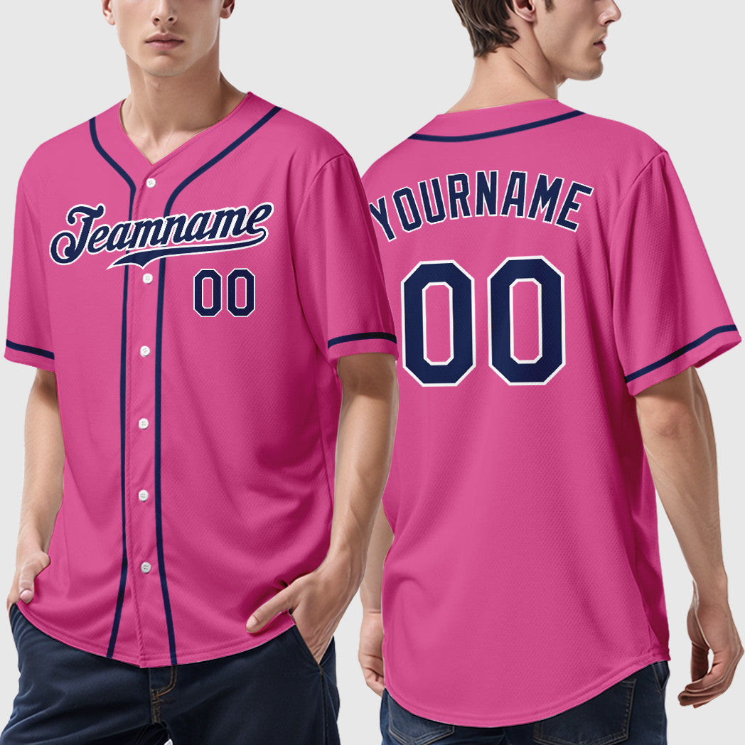 Custom Pink White Navy Sleeve Baseball Jersey