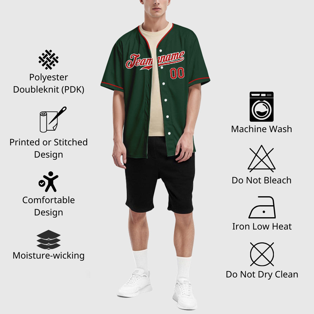 Custom Green White Red Collar Sleeve Baseball Jersey
