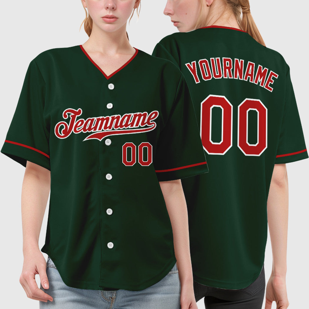 Custom Green White Red Collar Sleeve Baseball Jersey
