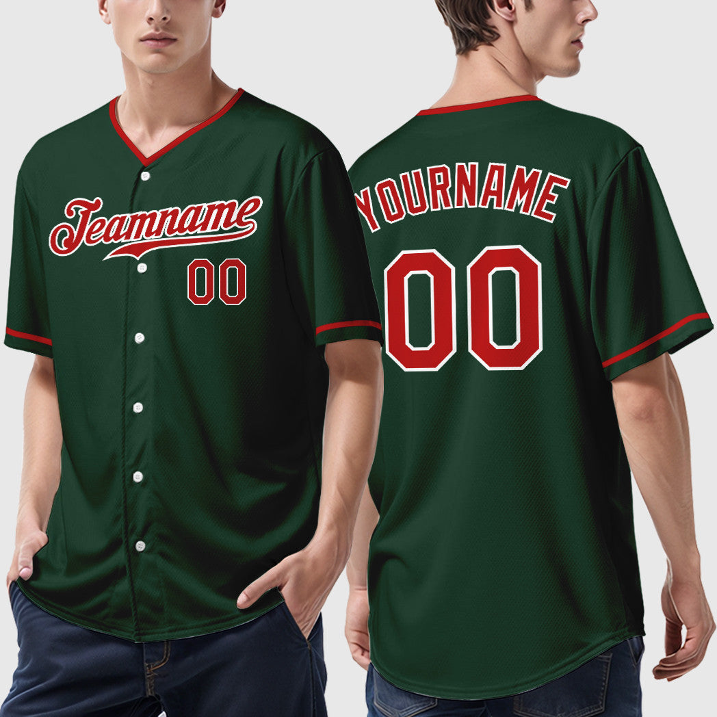 Custom Green White Red Collar Sleeve Baseball Jersey