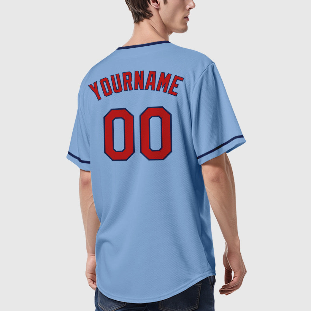 Custom Light Blue Red Red-Navy Collar Sleeve Baseball Jersey