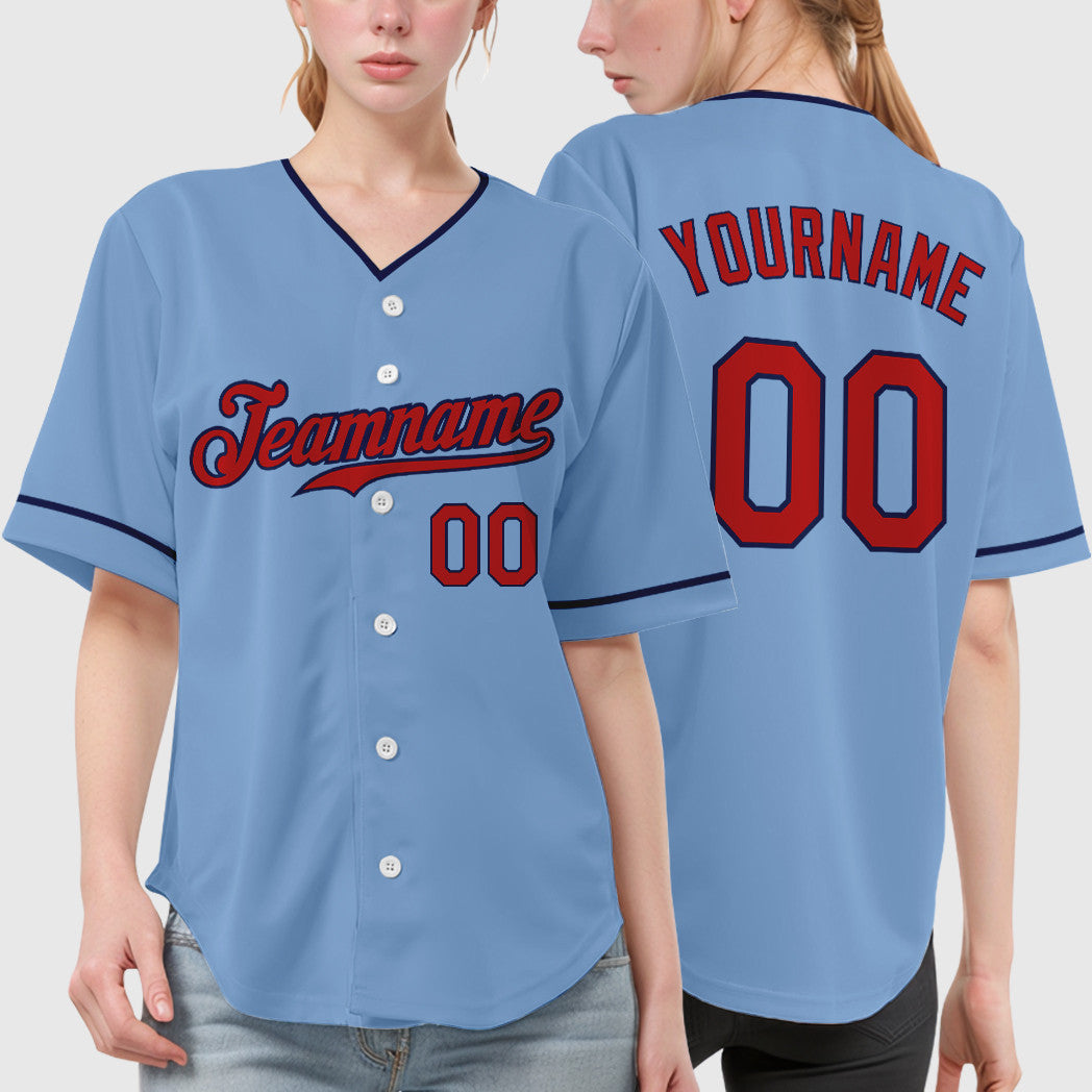 Custom Light Blue Red Red-Navy Collar Sleeve Baseball Jersey