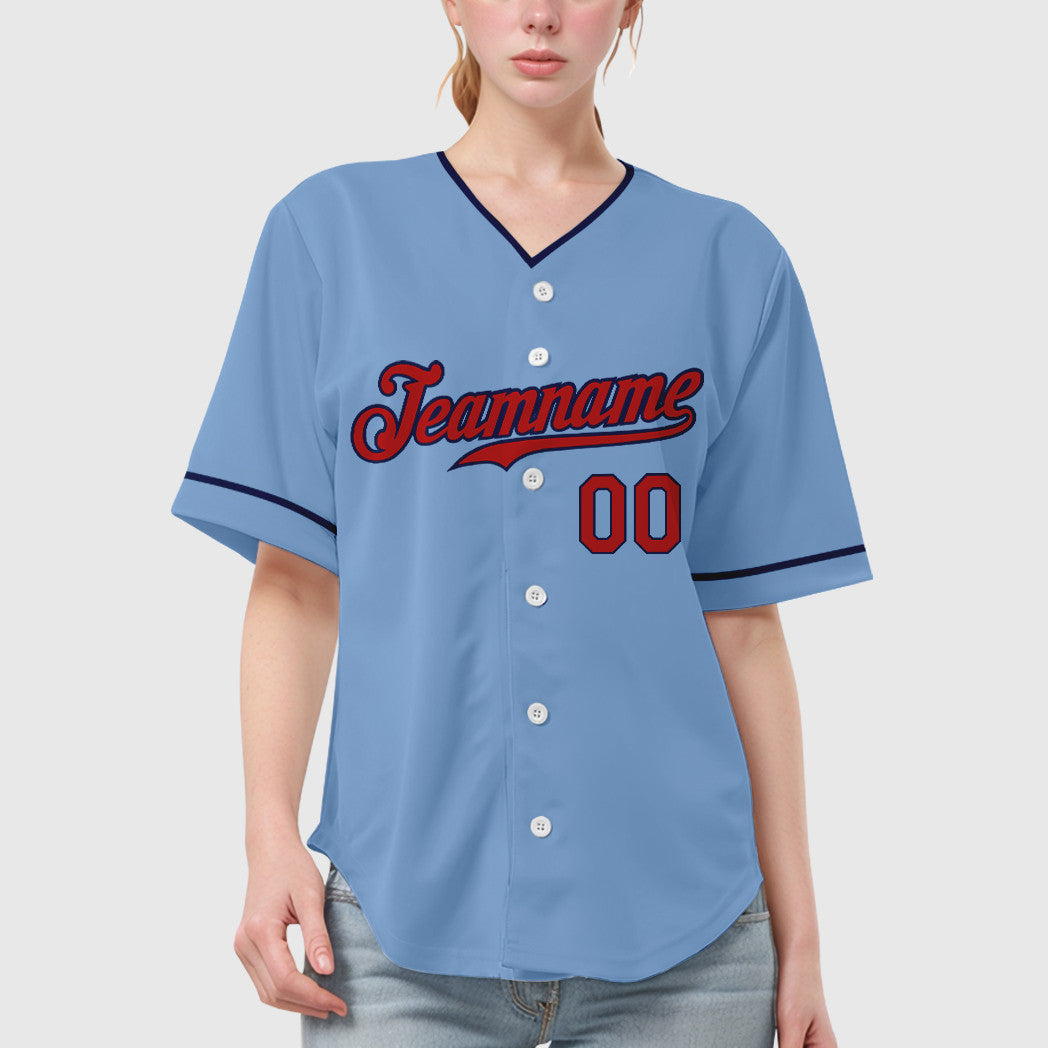 Custom Light Blue Red Red-Navy Collar Sleeve Baseball Jersey