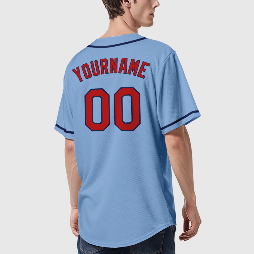 Custom Light Blue Red Red-Navy Sleeve Baseball Jersey
