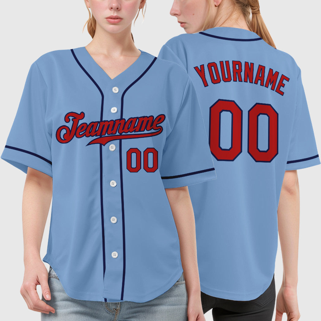 Custom Light Blue Red Red-Navy Sleeve Baseball Jersey