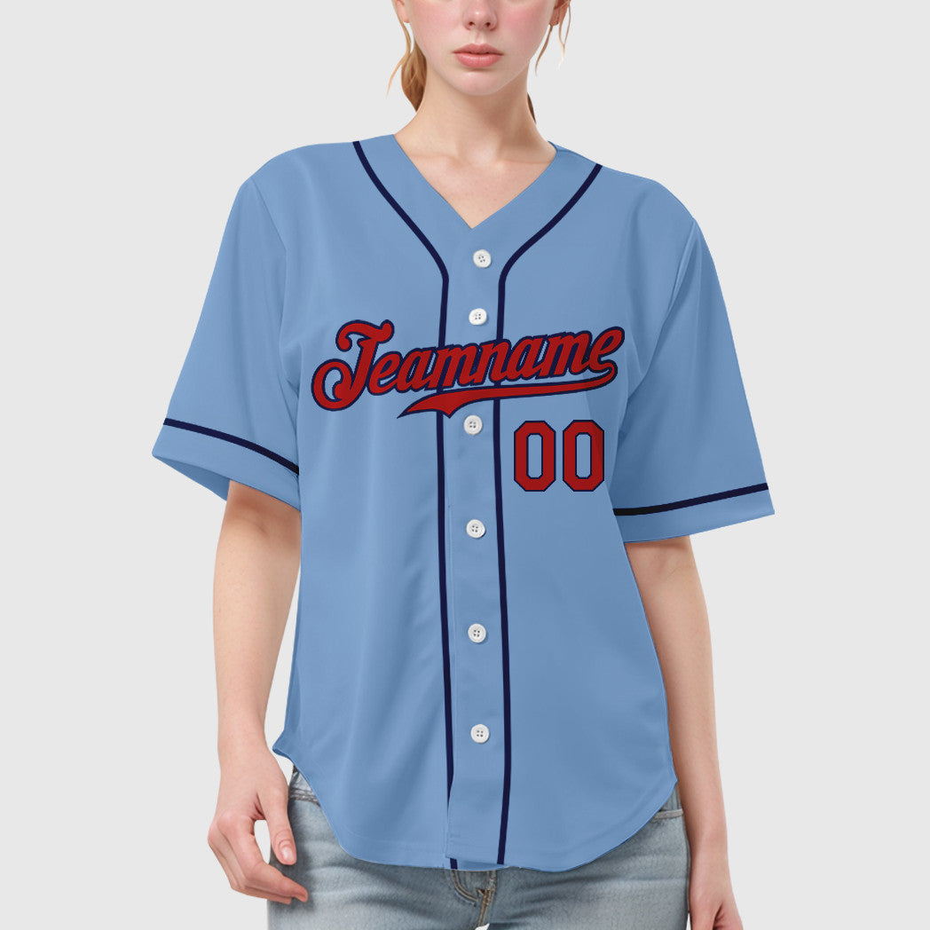 Custom Light Blue Red Red-Navy Sleeve Baseball Jersey