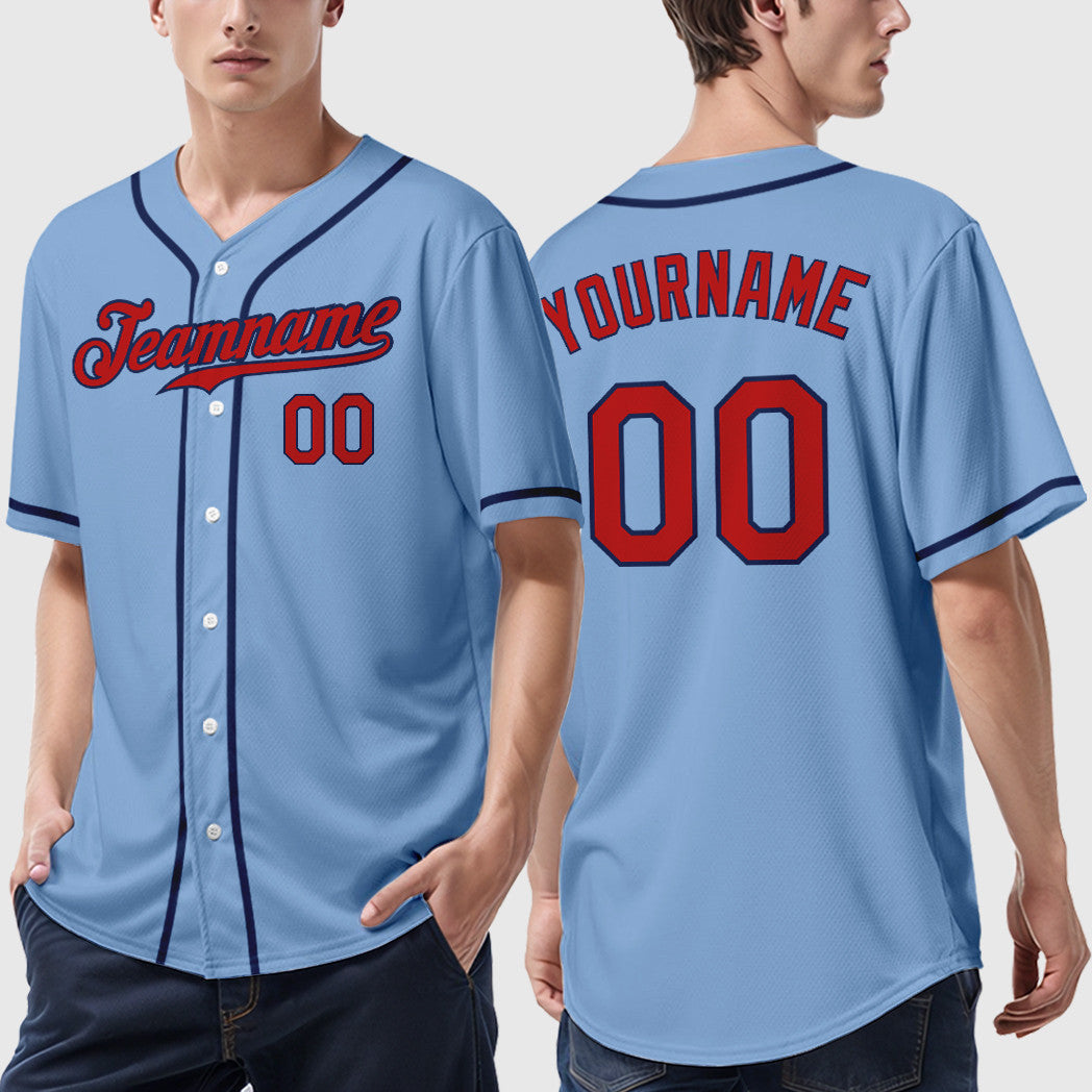 Custom Light Blue Red Red-Navy Sleeve Baseball Jersey