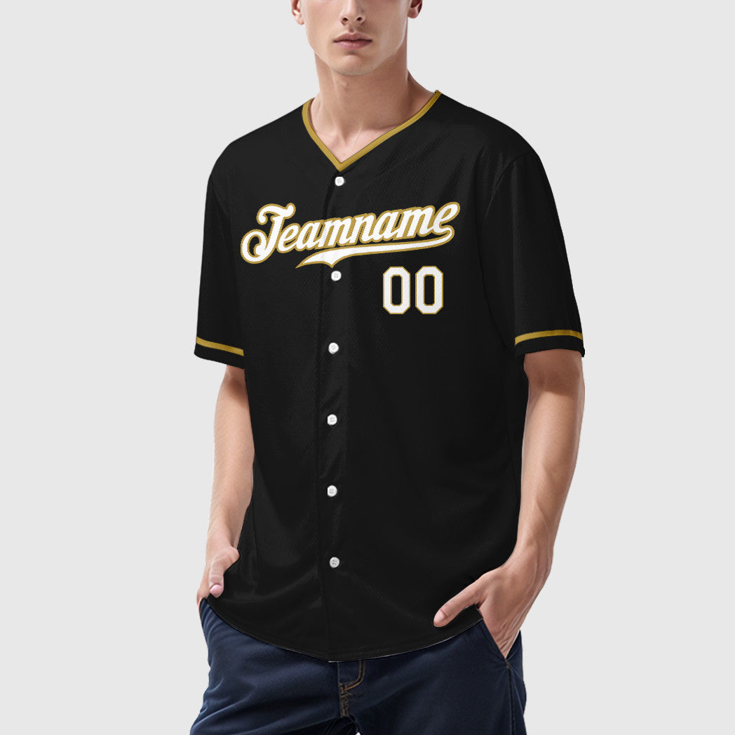 Custom Black White White-Old Gold Collar Sleeve Baseball Jersey