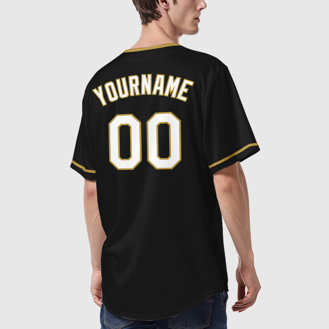 Custom Black White White-Old Gold Collar Sleeve Baseball Jersey