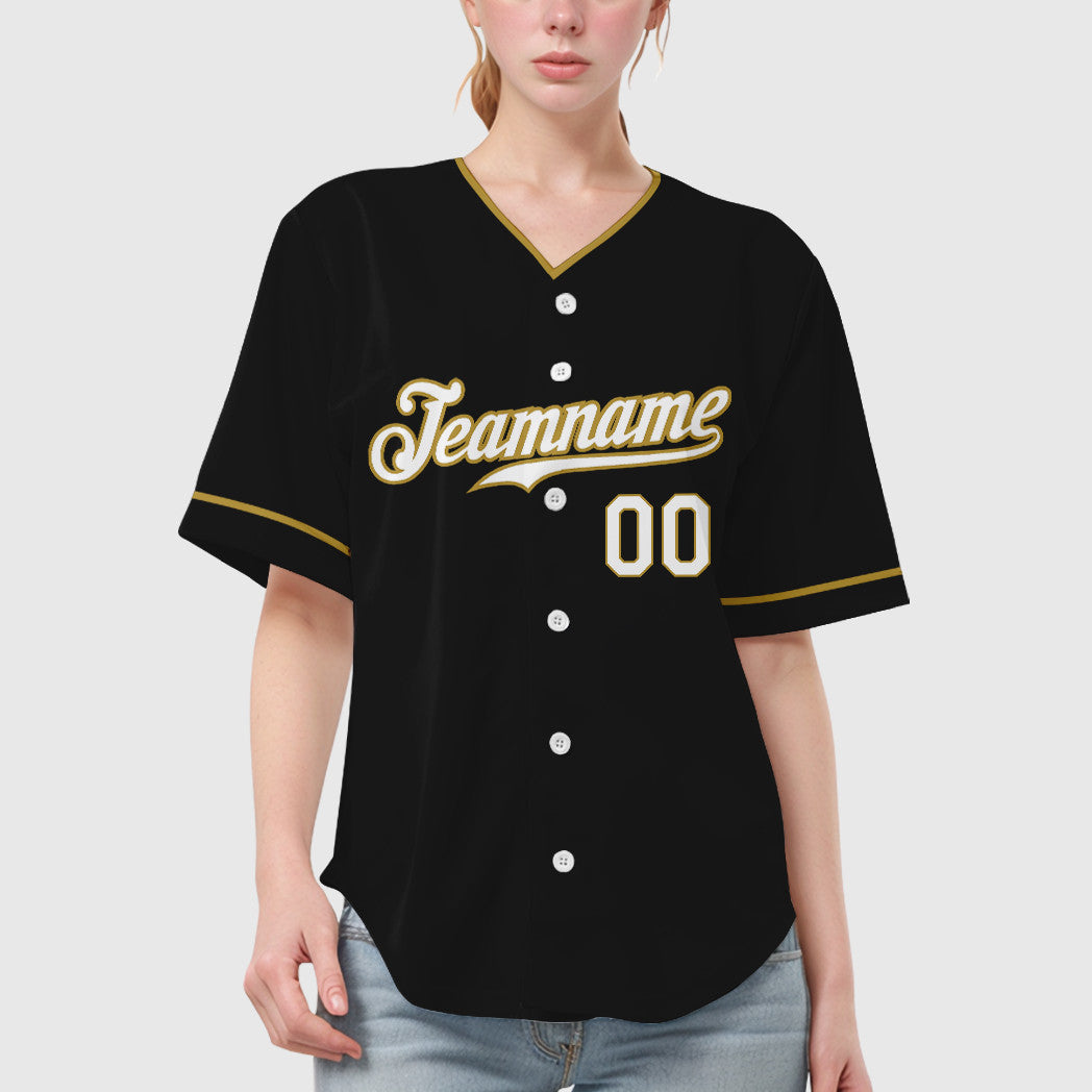 Custom Black White White-Old Gold Collar Sleeve Baseball Jersey