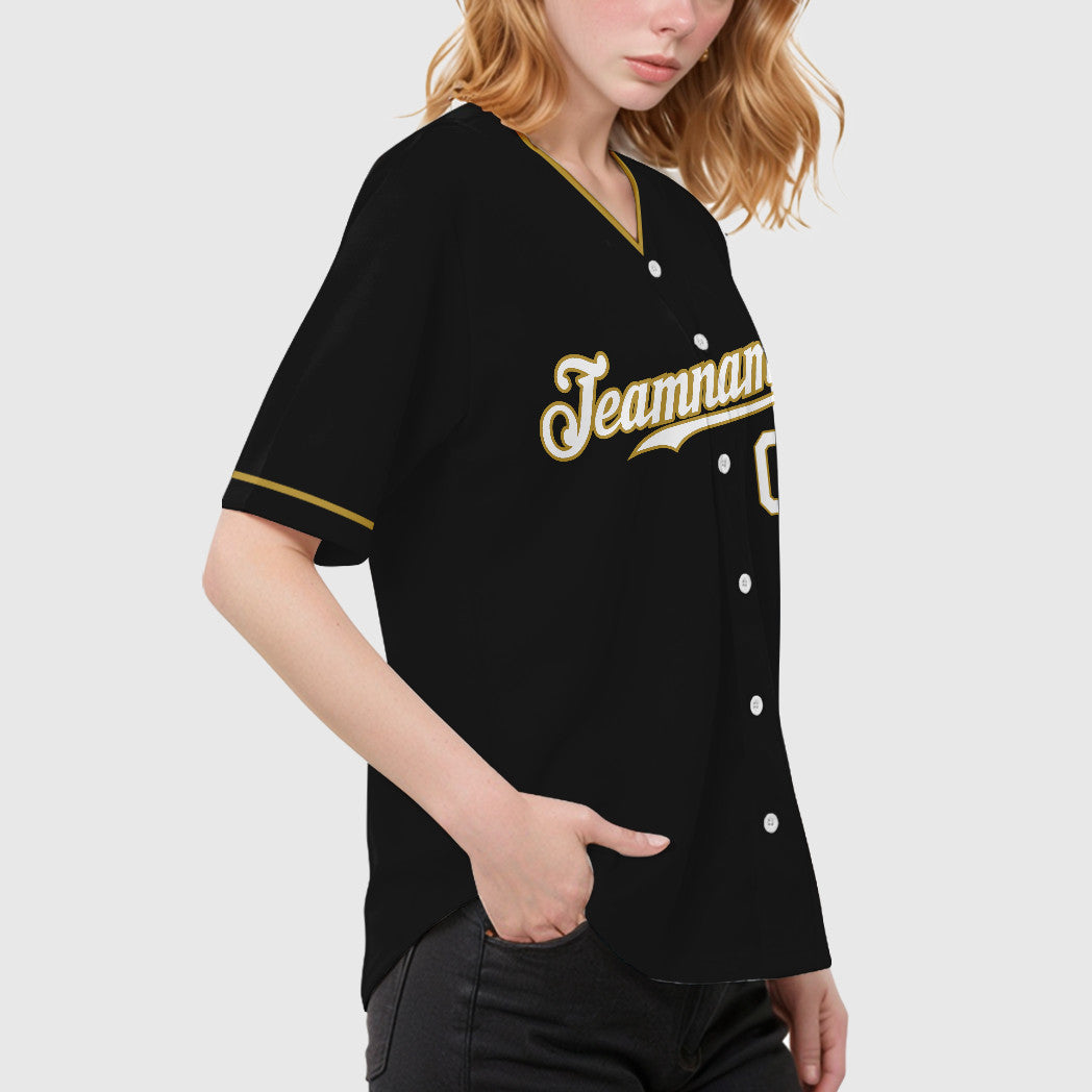 Custom Black White White-Old Gold Collar Sleeve Baseball Jersey