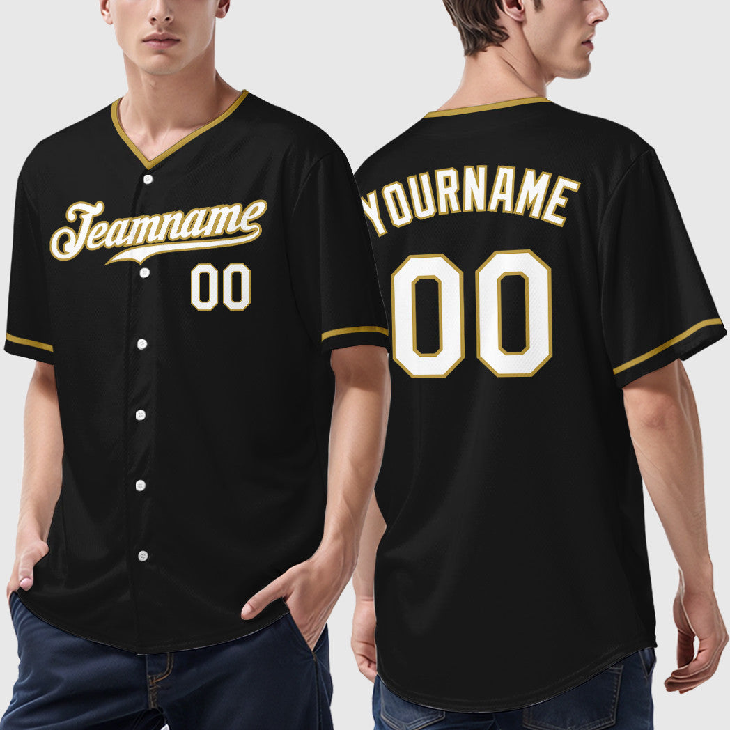 Custom Black White White-Old Gold Collar Sleeve Baseball Jersey