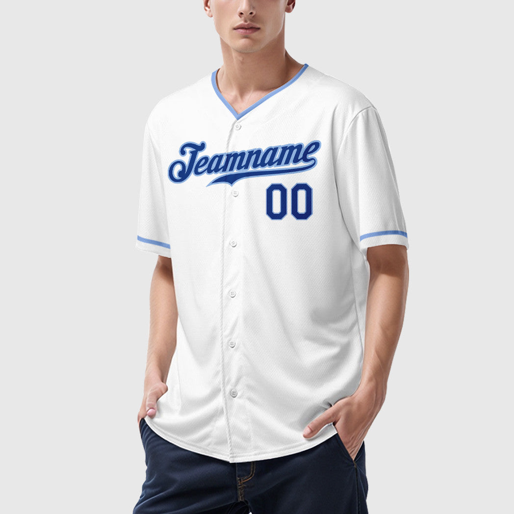 Custom White Royal Royal-Light Blue Collar Sleeve Baseball Jersey