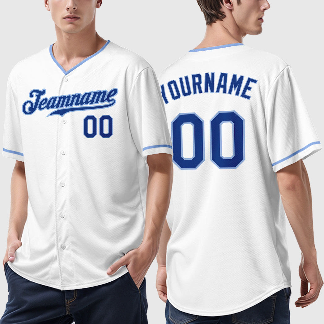 Custom White Royal Royal-Light Blue Collar Sleeve Baseball Jersey