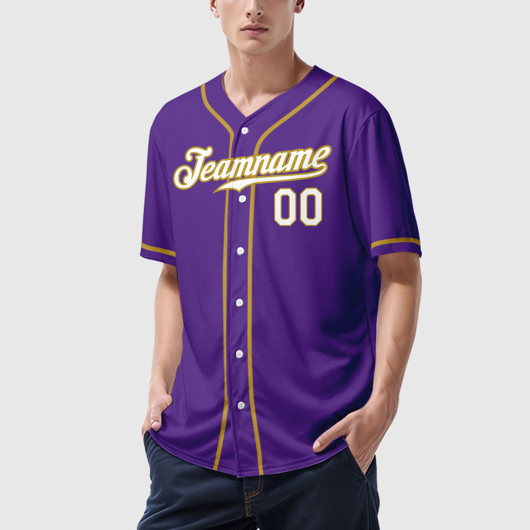 Custom Purple White Old Gold Sleeve Baseball Jersey