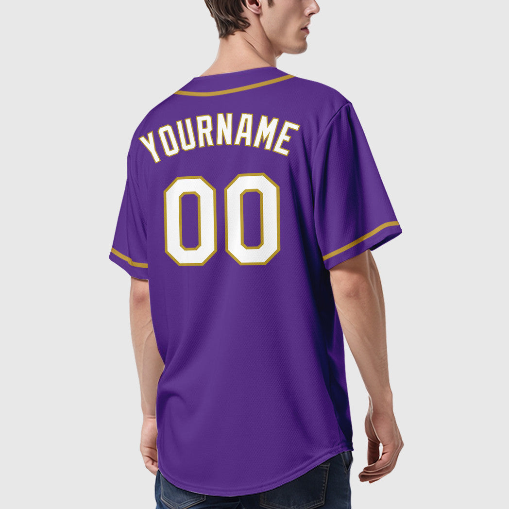Custom Purple White Old Gold Sleeve Baseball Jersey
