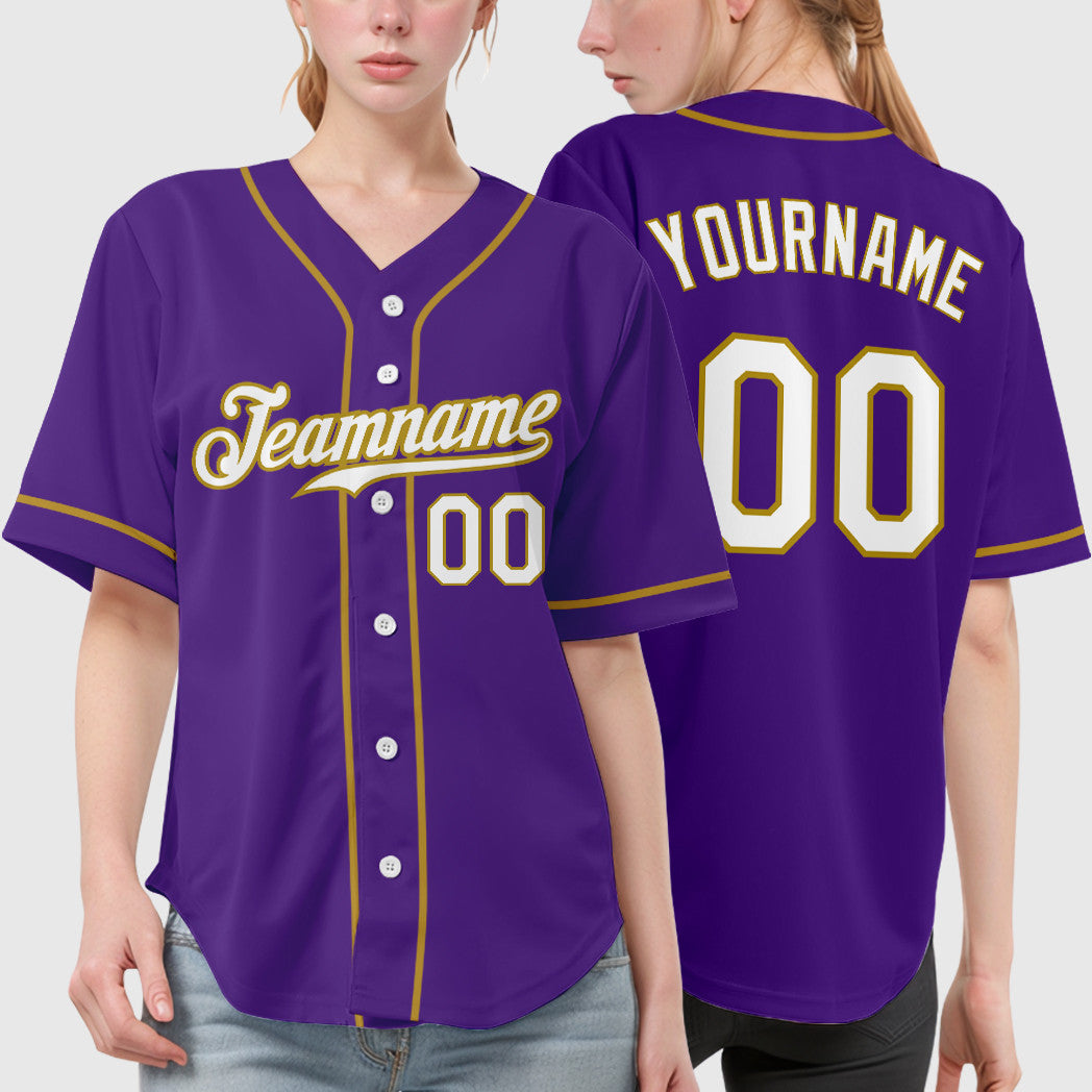 Custom Purple White Old Gold Sleeve Baseball Jersey