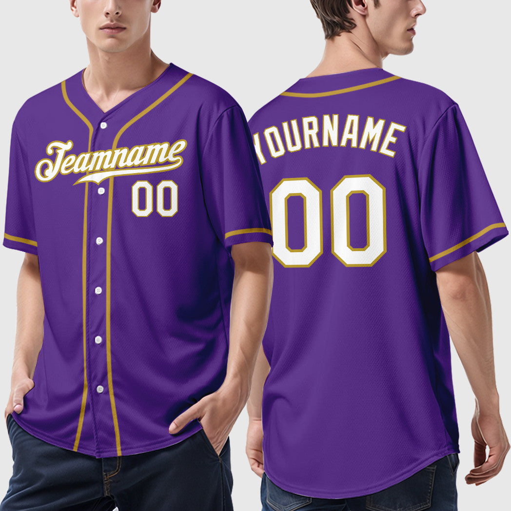 Custom Purple White Old Gold Sleeve Baseball Jersey