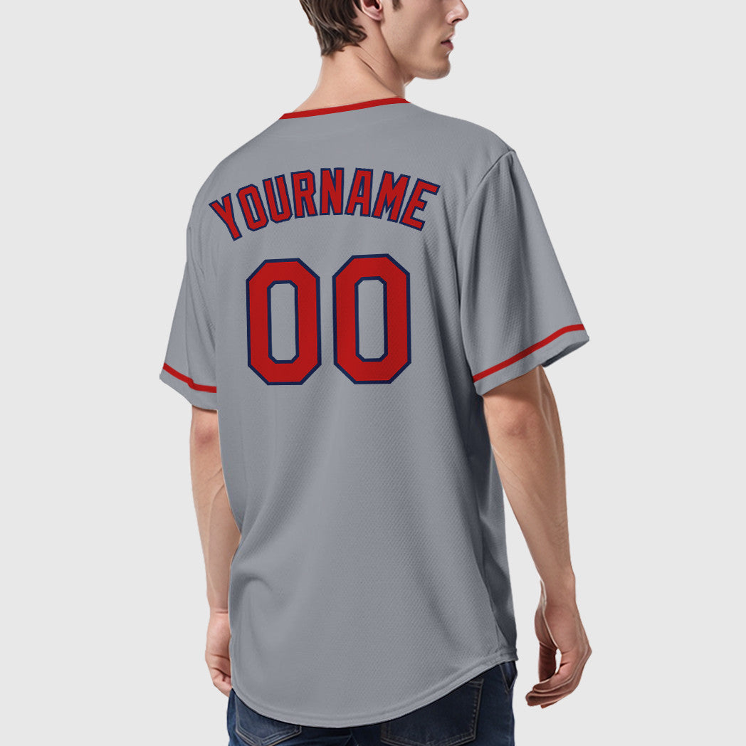 Custom Gray Navy Red Collar Sleeve Baseball Jersey