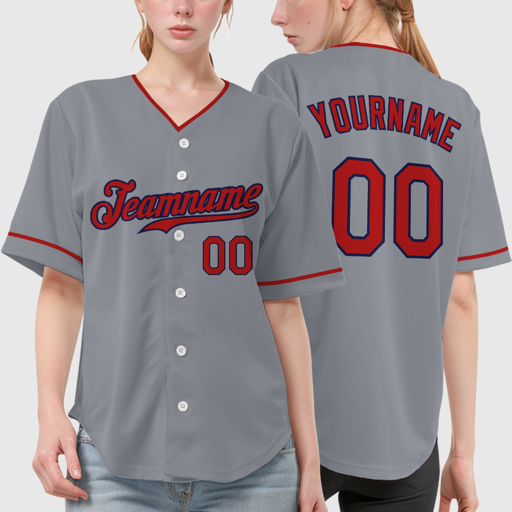 Custom Gray Navy Red Collar Sleeve Baseball Jersey