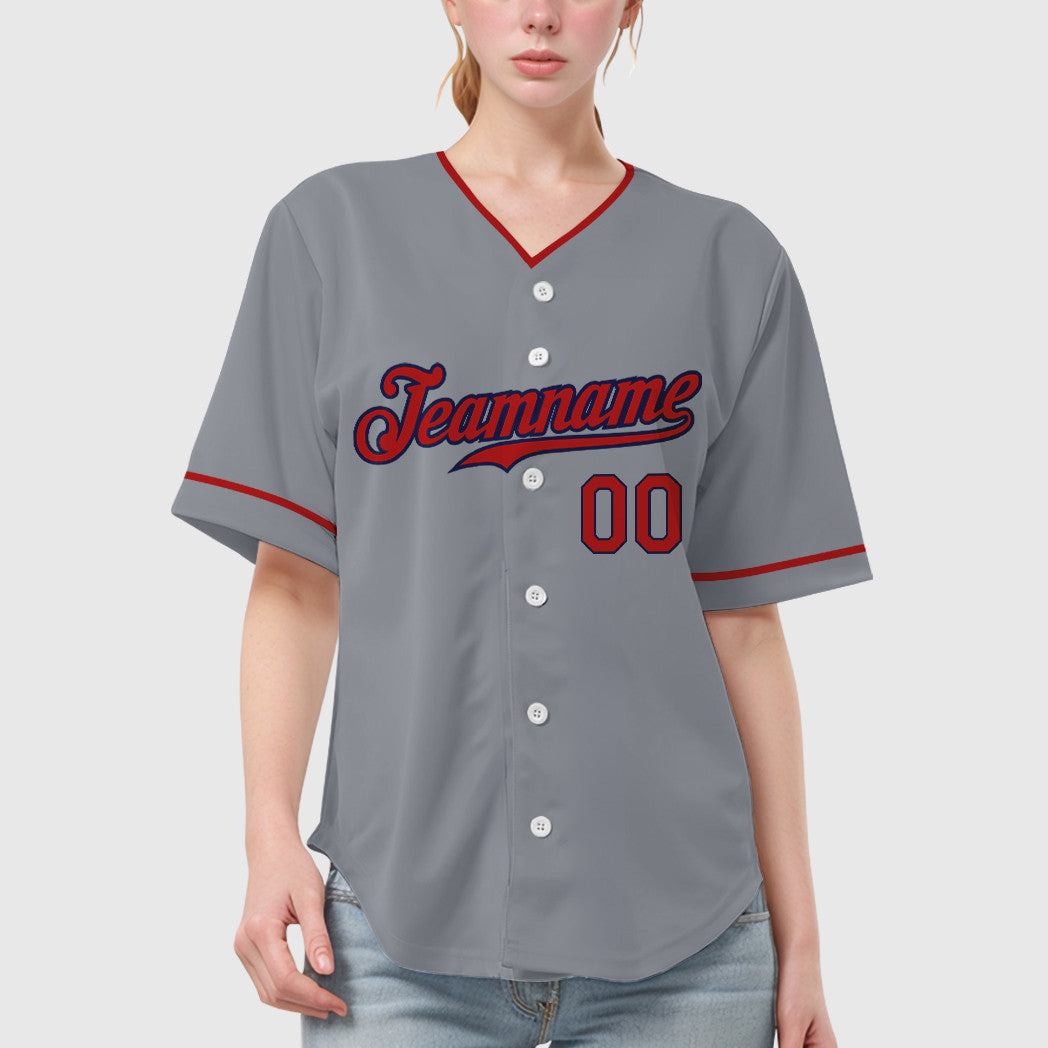 Custom Gray Navy Red Collar Sleeve Baseball Jersey