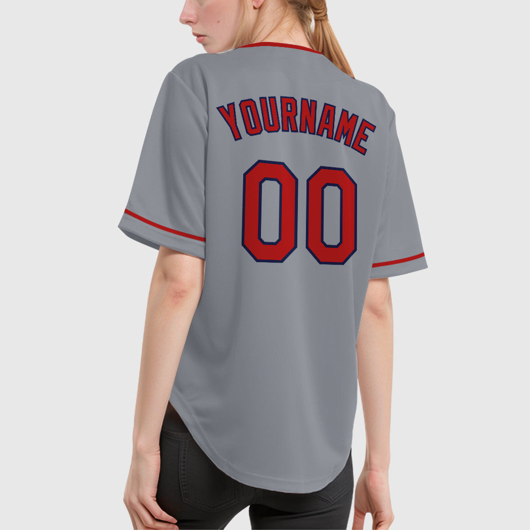 Custom Gray Navy Red Collar Sleeve Baseball Jersey