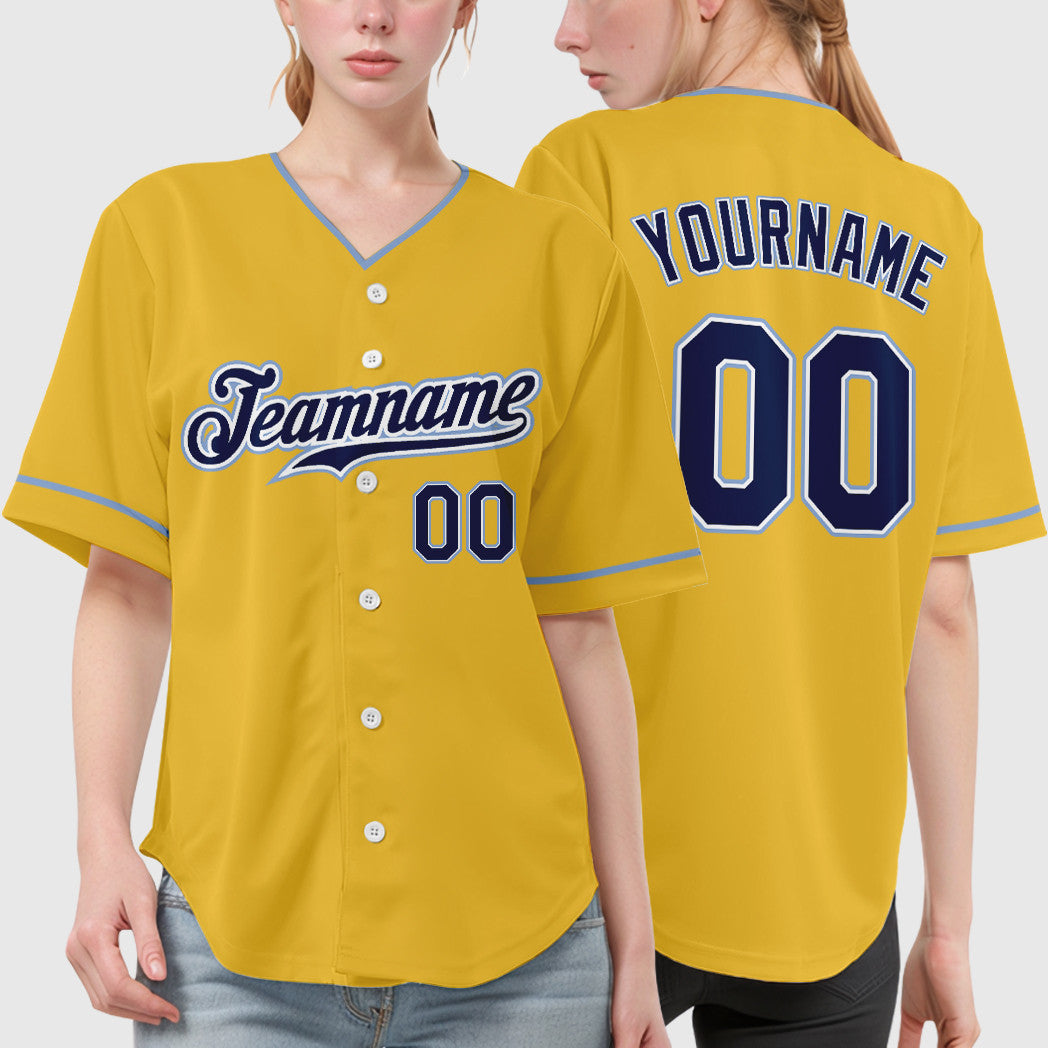 Custom Yellow Navy Navy-Light Blue Collar Sleeve Baseball Jersey