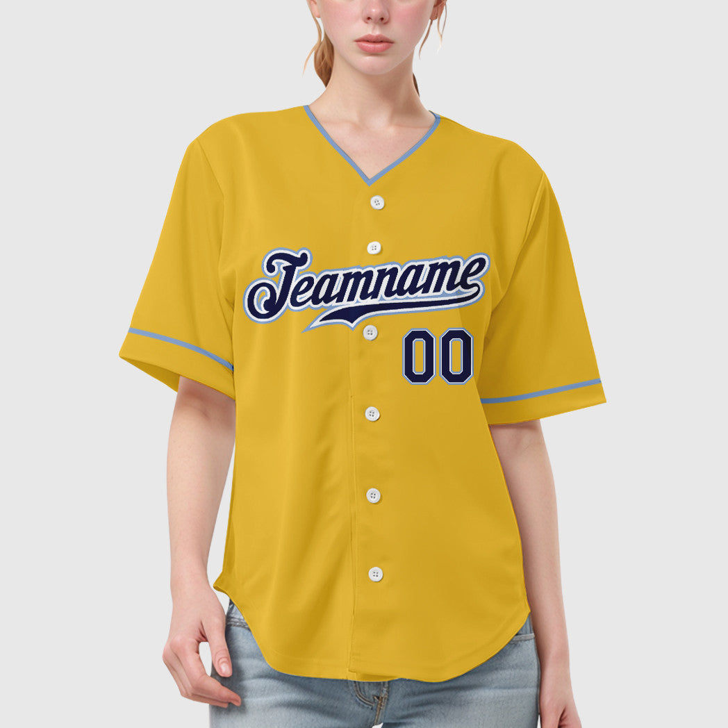 Custom Yellow Navy Navy-Light Blue Collar Sleeve Baseball Jersey