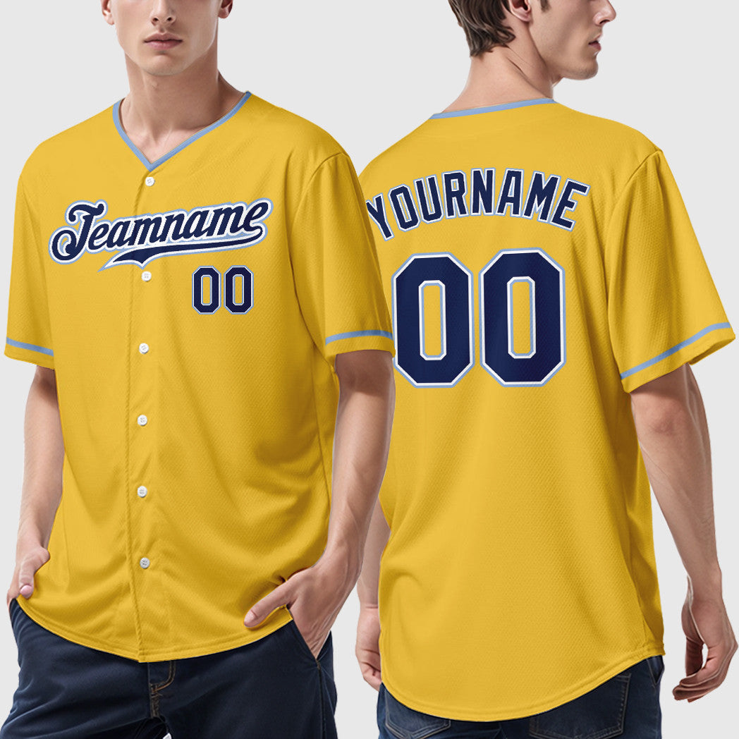 Custom Yellow Navy Navy-Light Blue Collar Sleeve Baseball Jersey