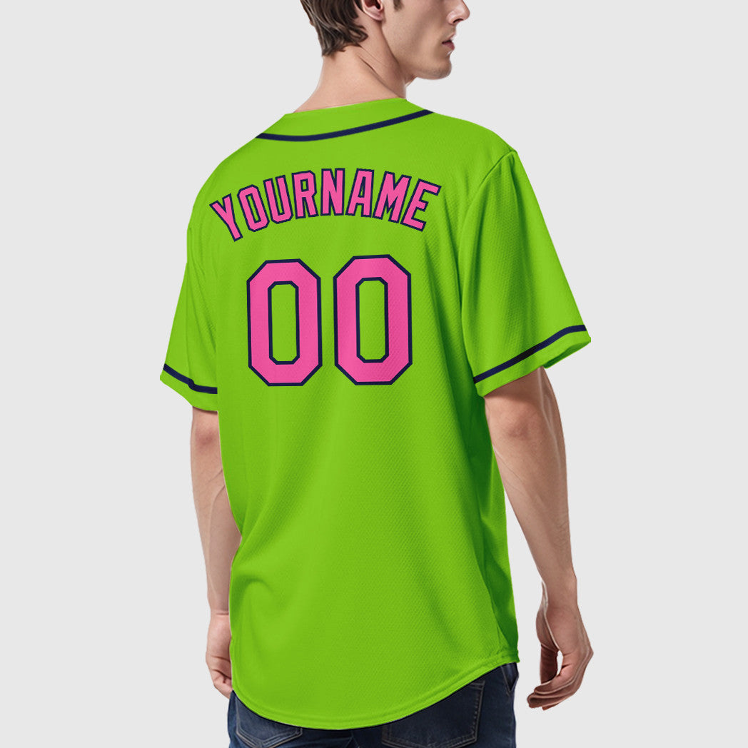 Custom Neon Green Navy Pink Sleeve Baseball Jersey