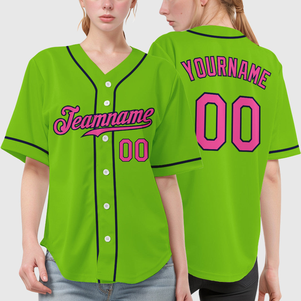 Custom Neon Green Navy Pink Sleeve Baseball Jersey