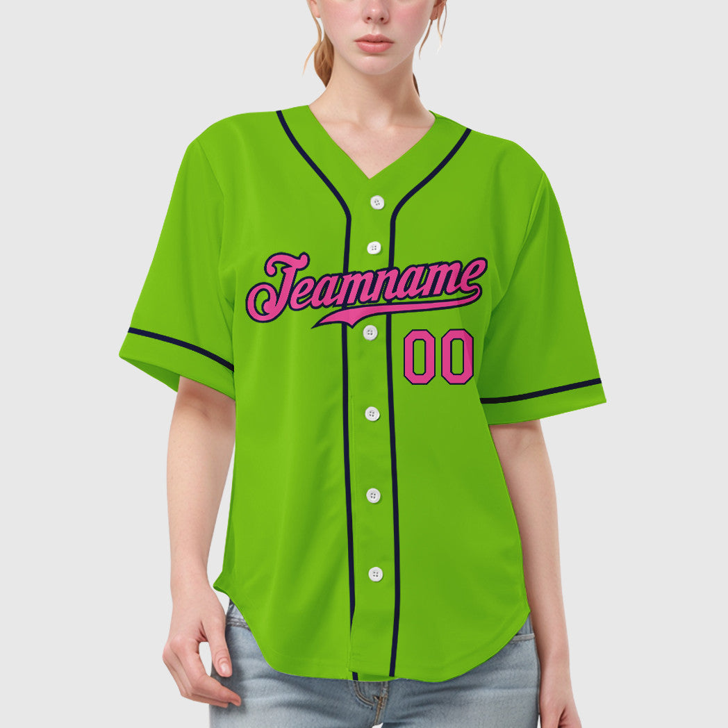 Custom Neon Green Navy Pink Sleeve Baseball Jersey