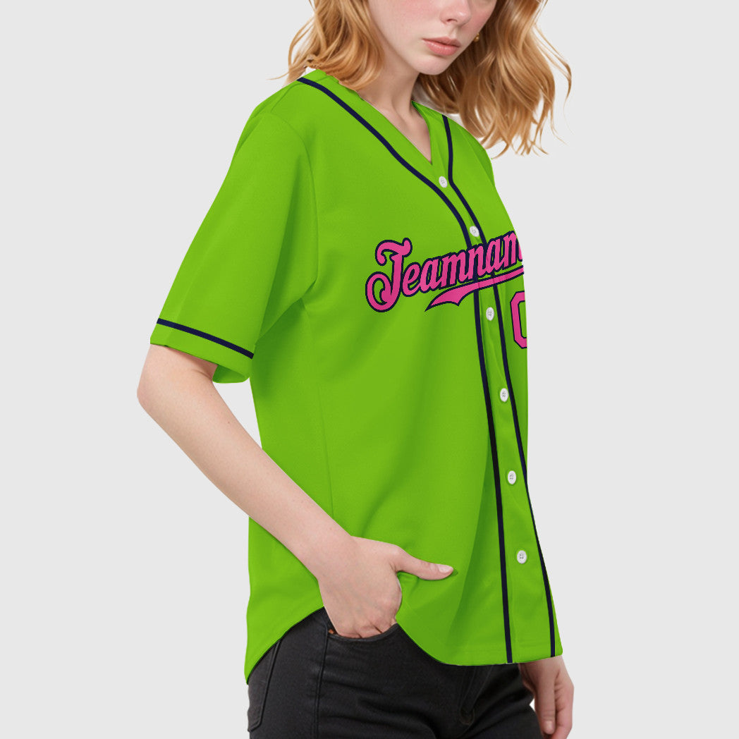 Custom Neon Green Navy Pink Sleeve Baseball Jersey