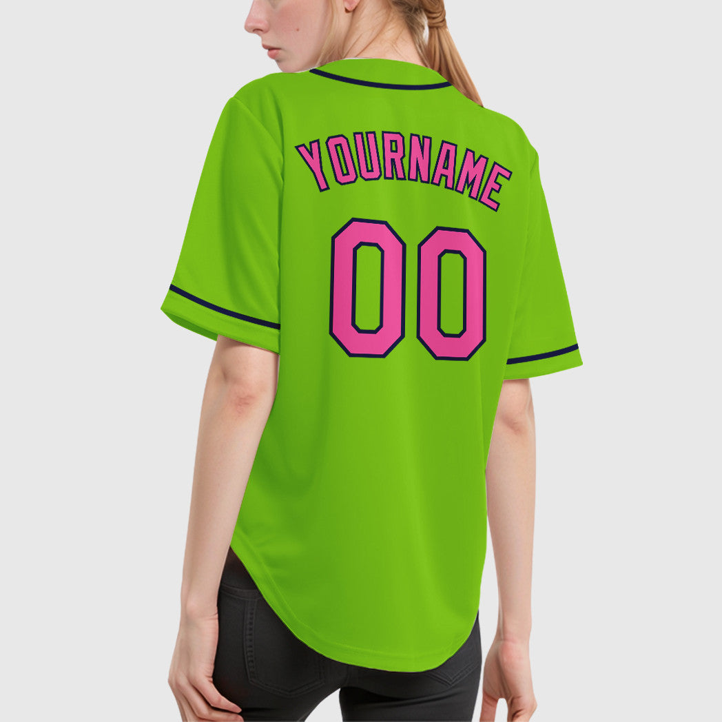Custom Neon Green Navy Pink Sleeve Baseball Jersey