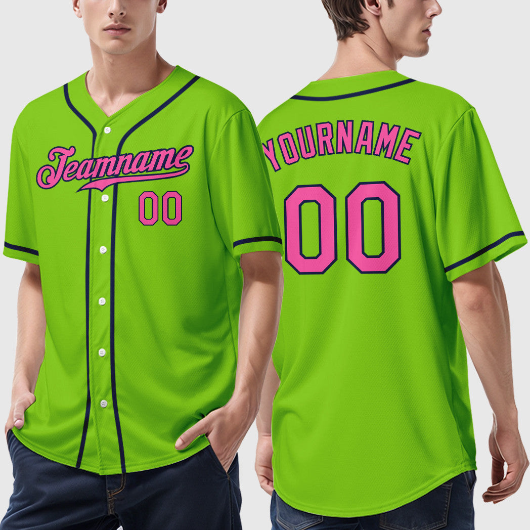 Custom Neon Green Navy Pink Sleeve Baseball Jersey