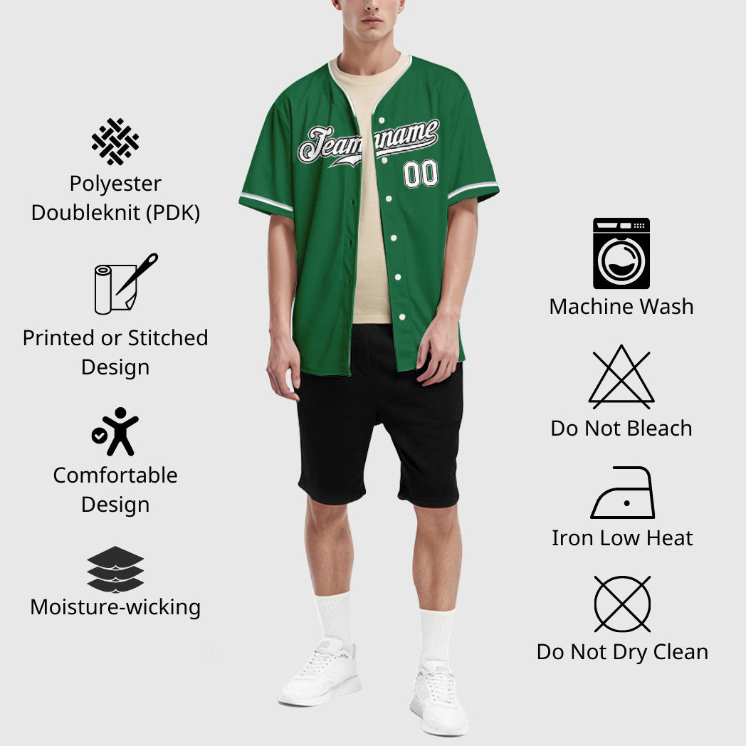 Custom Kelly Green White White Black-Gray Collar Sleeve Baseball Jersey