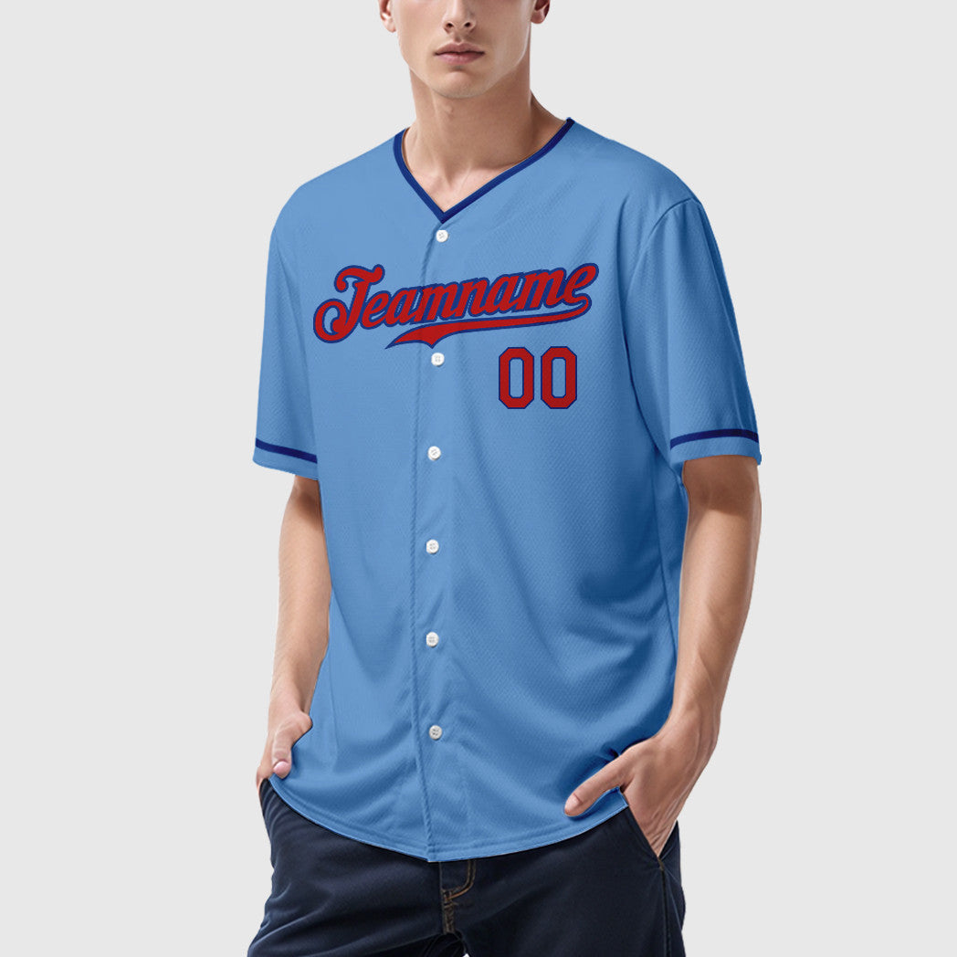 Custom Light Blue Red Royal Collar Sleeve Baseball Jersey