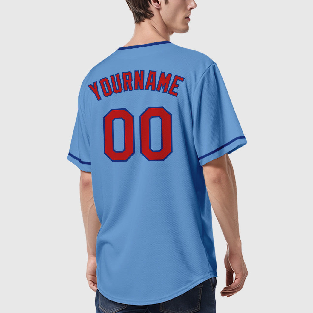 Custom Light Blue Red Royal Collar Sleeve Baseball Jersey