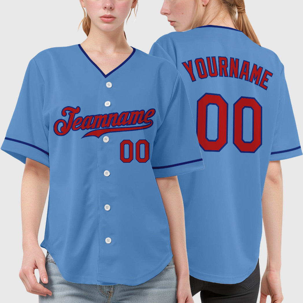 Custom Light Blue Red Royal Collar Sleeve Baseball Jersey