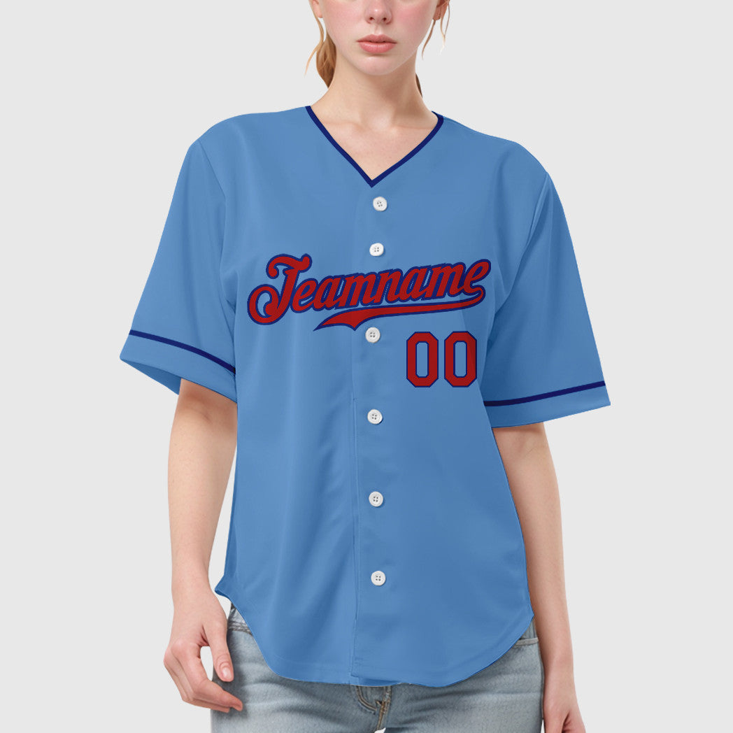 Custom Light Blue Red Royal Collar Sleeve Baseball Jersey