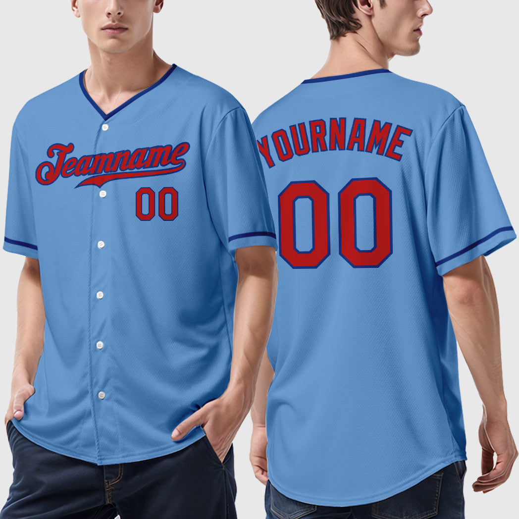Custom Light Blue Red Royal Collar Sleeve Baseball Jersey
