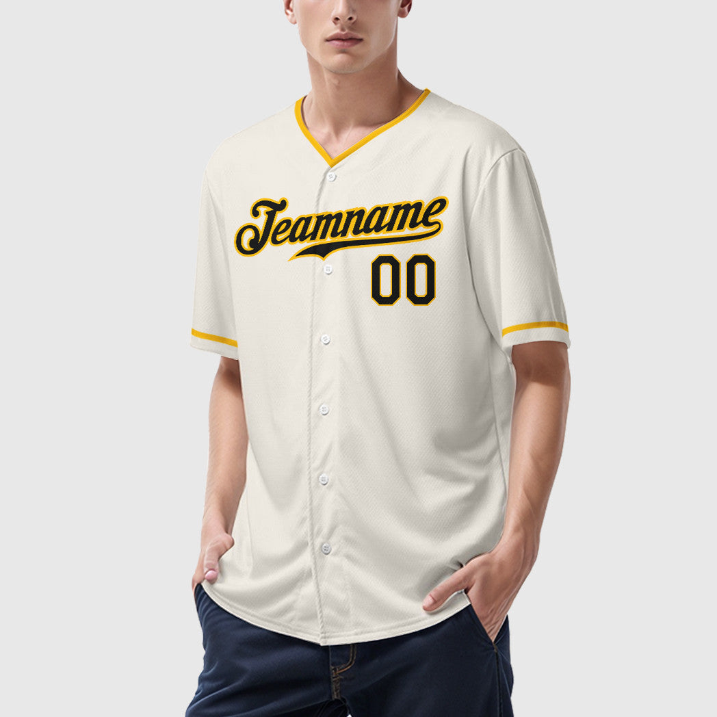 Custom Cream Black Gold Collar Sleeve Baseball Jersey
