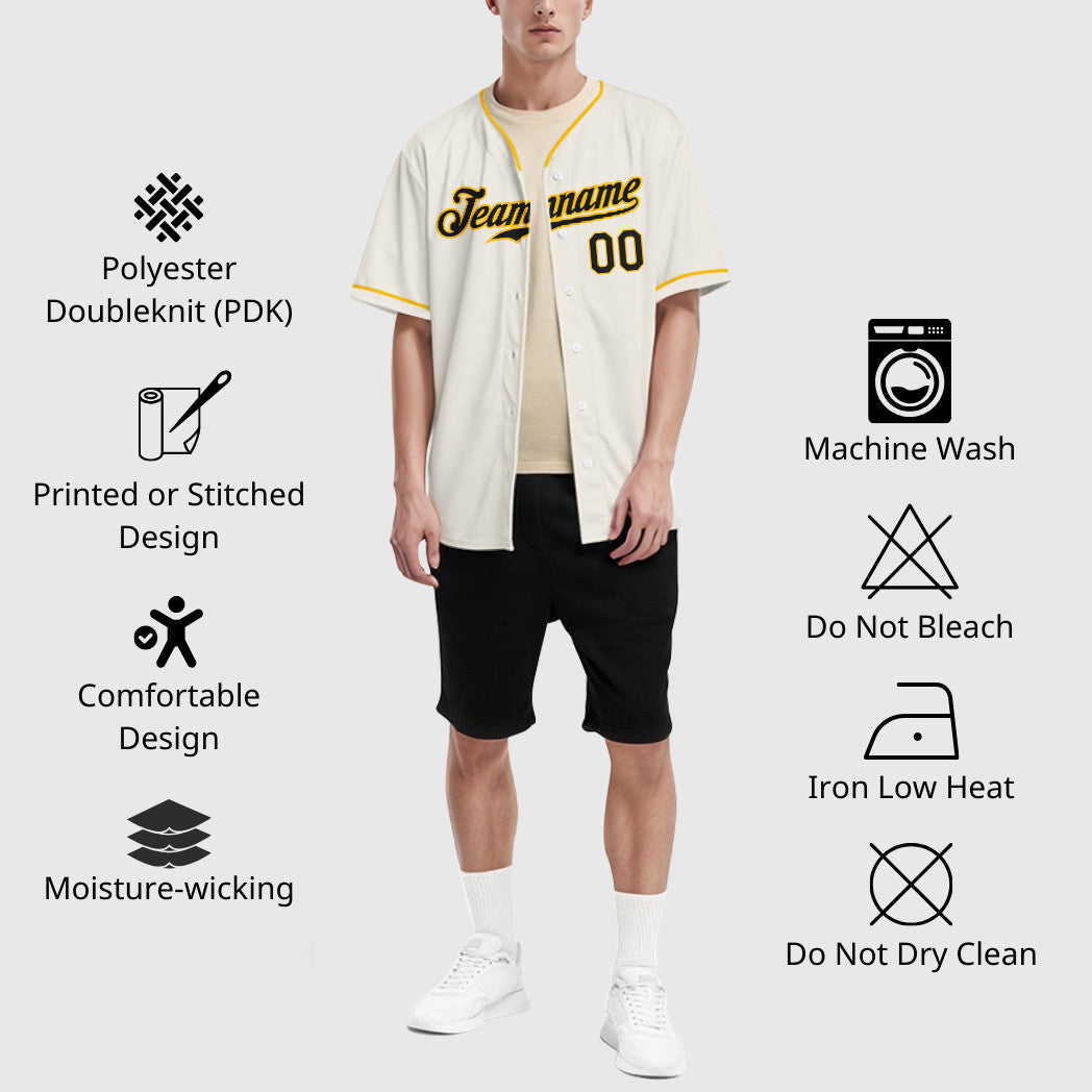 Custom Cream Black Gold Collar Sleeve Baseball Jersey