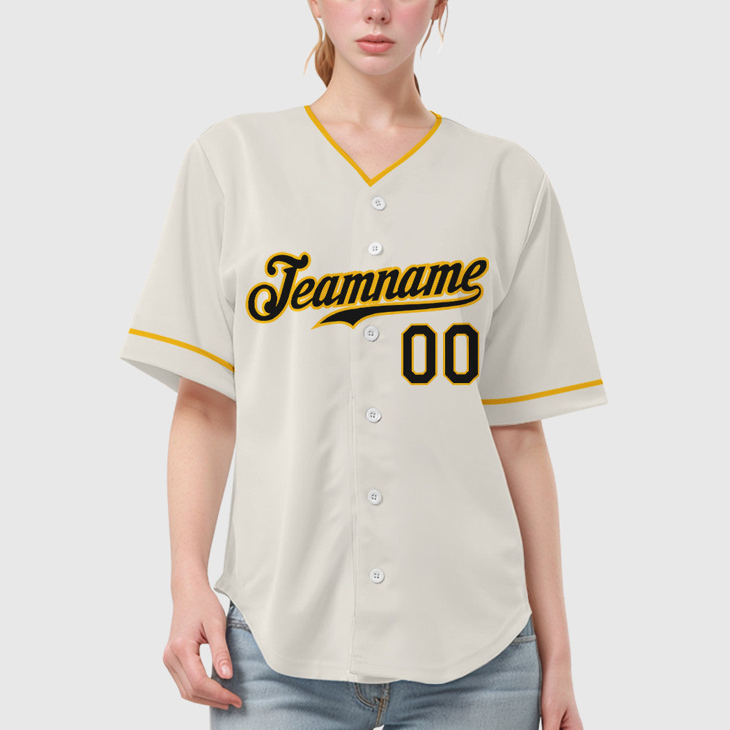 Custom Cream Black Gold Collar Sleeve Baseball Jersey