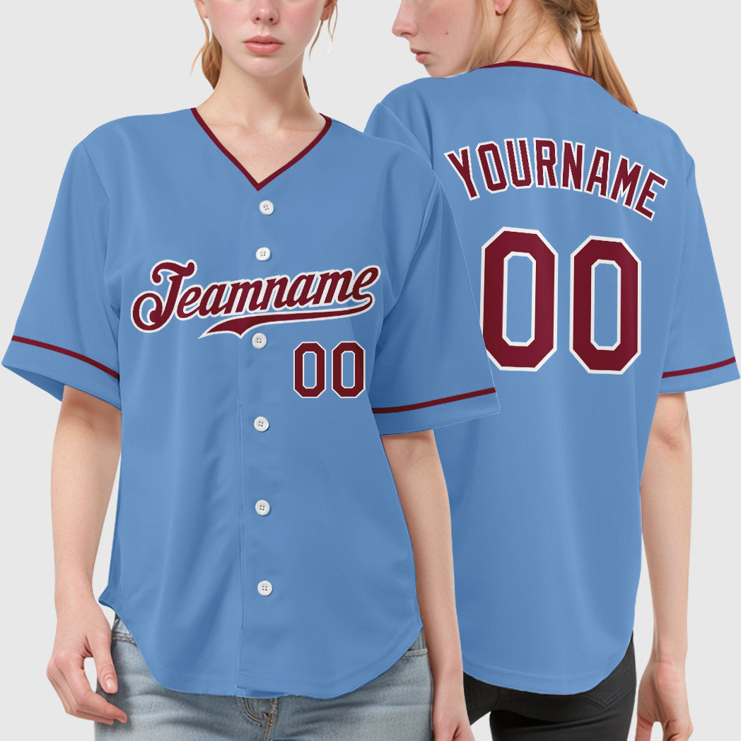Custom Light Blue White Crimson Collar Sleeve Baseball Jersey