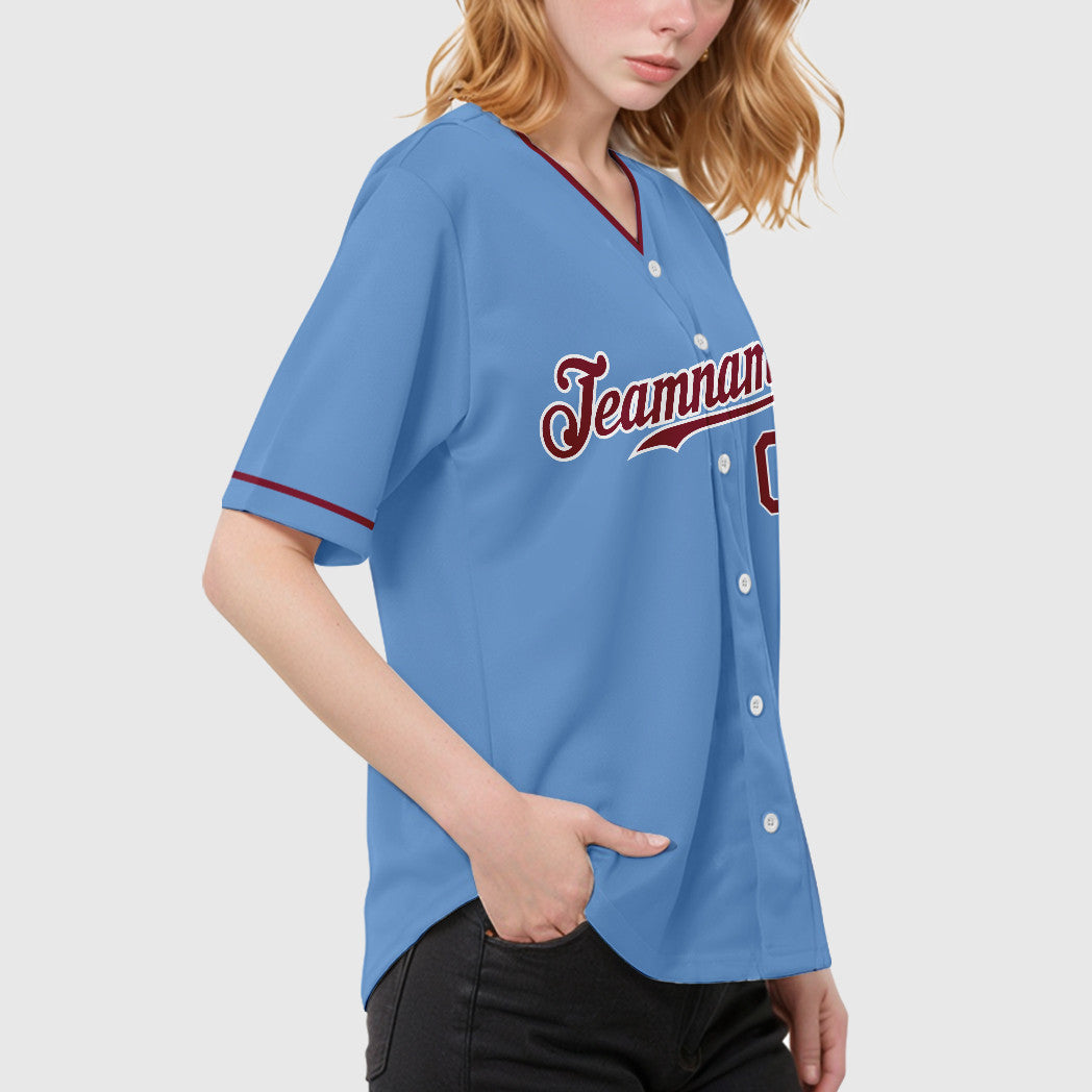 Custom Light Blue White Crimson Collar Sleeve Baseball Jersey