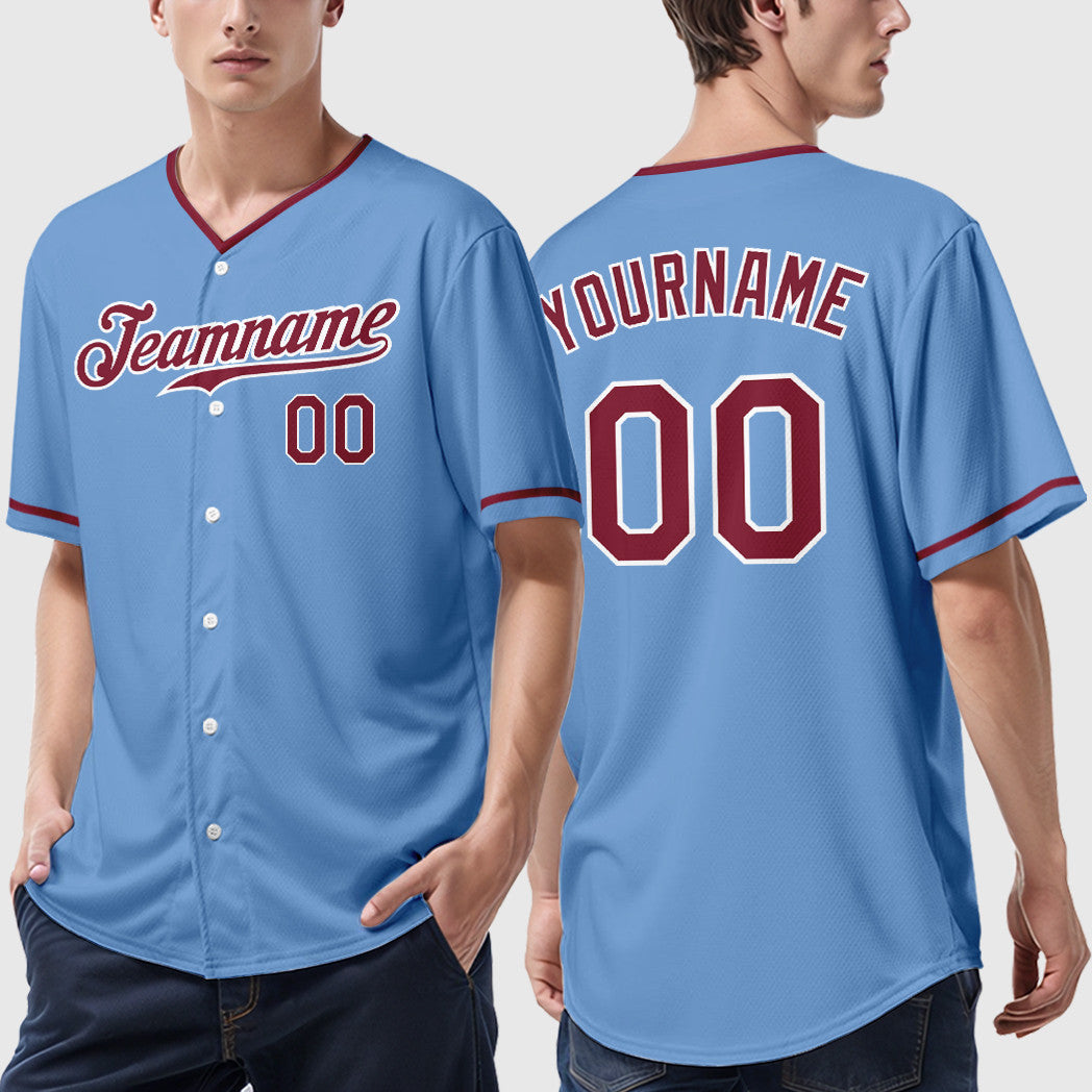 Custom Light Blue White Crimson Collar Sleeve Baseball Jersey