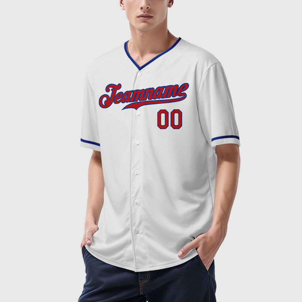 Custom White Red Red-Royal Collar Sleeve Baseball Jersey